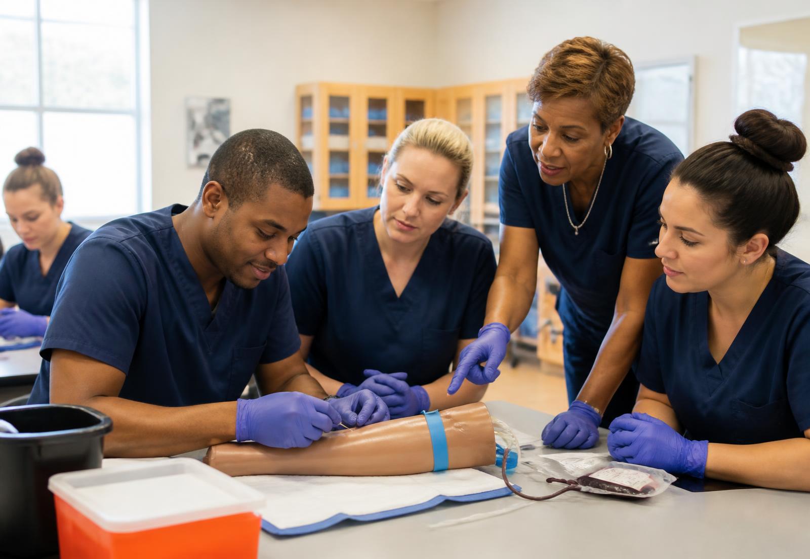 Students in scrubs practicing phlebotomy with an instructor at Nationwide Career Institute in Orlando