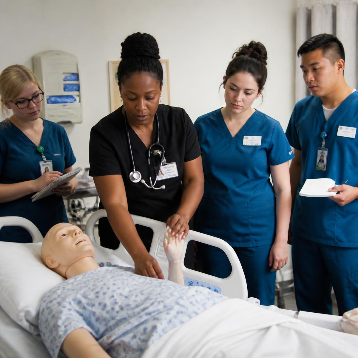 Nursing assistant students practicing patient care skills with an instructor